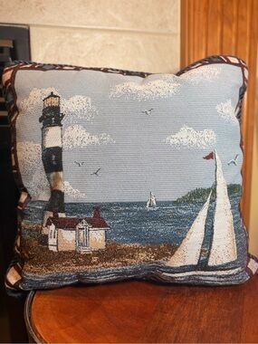 Mohawk Home Coastal Lighthouse Tapestry Pillow 
Lighthouse Boat 16x16 Beach Boho